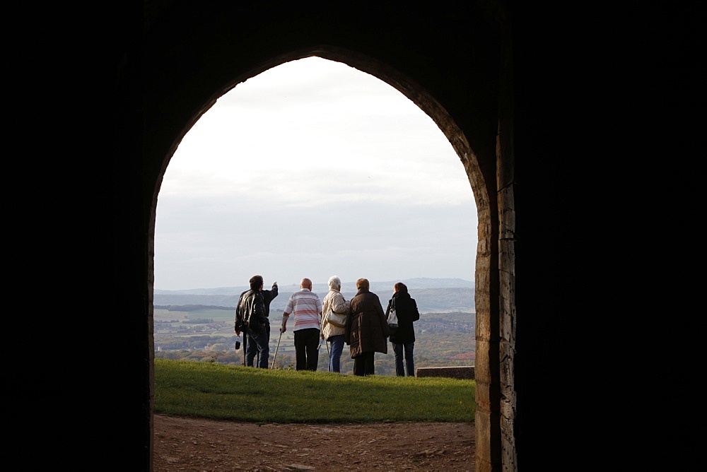 Tourists looking at a scenic landscape, Brancion, Saone-et-Loire, Burgundy, France, Europe