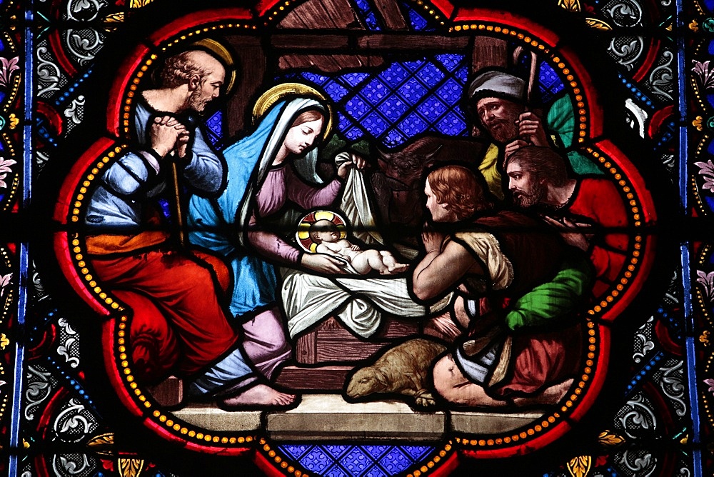 Nativity stained glass in Sainte Clotilde church, Paris, France, Europe