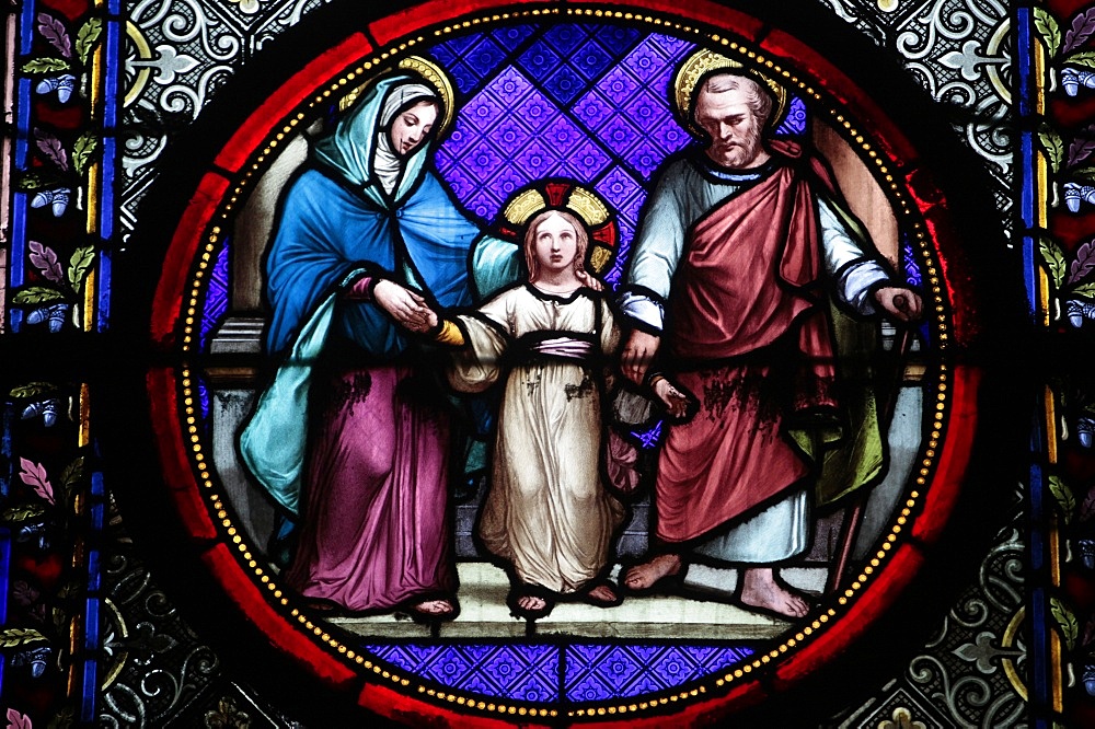 Holy Family stained glass in Sainte Clotilde church, Paris, France, Europe