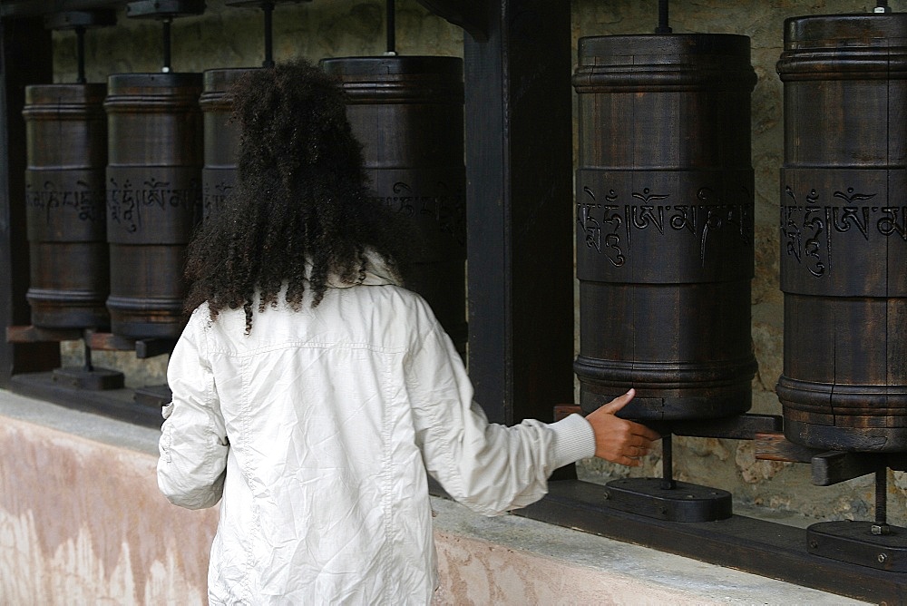 Prayer wheels in Dhagpo Kagyu Ling Tibetan Buddhist monastery, Saint-Leon sur Vezere, Dordogne, France, Europe