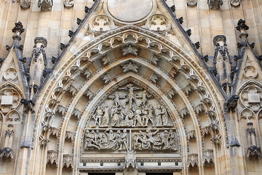 The Crucifixion, St. Vitus's Cathedral tympanum, Prague, Czech Republic, Europe