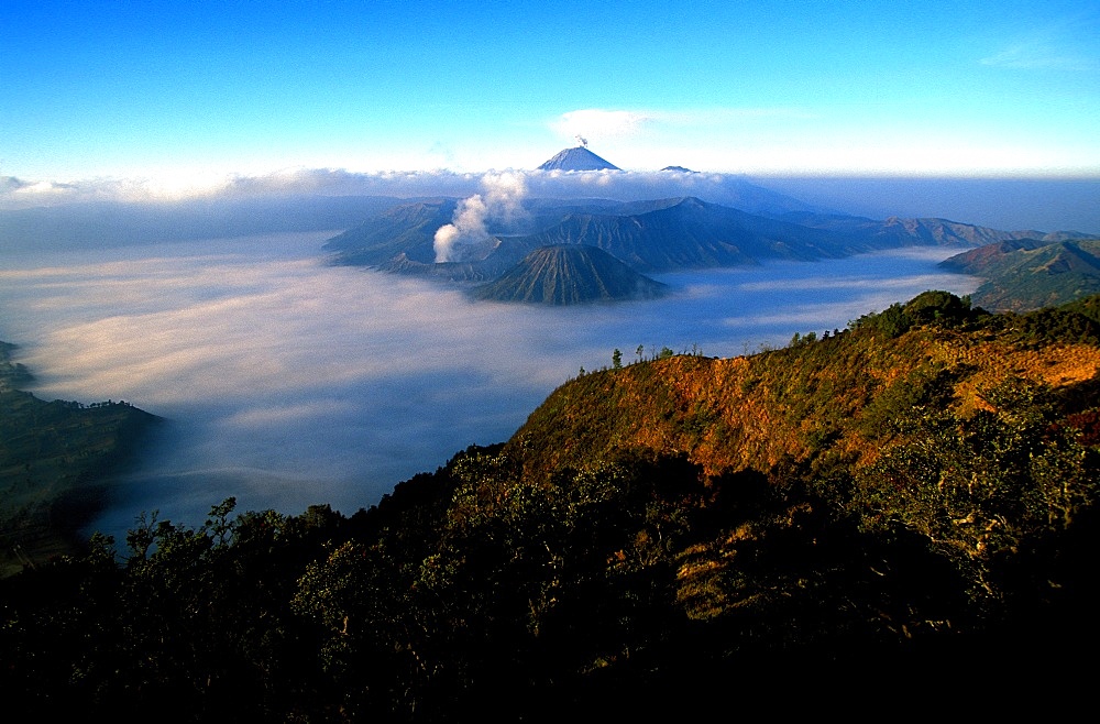 Caldeira and Bromo, 2329 m, and Semeru, 3676 m, two volcanoes on Java, Indonesia, Southeast Asia, Asia