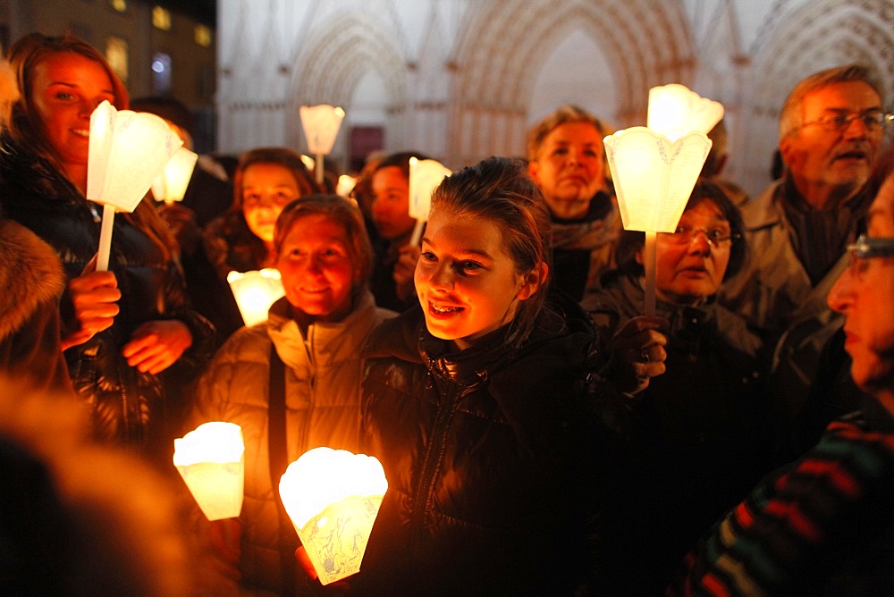 Fete des Lumieres (Festival of Lights) held every year on december 8, a night procession from St. John's cathedral to Fourviere Basilica, Lyon, Rhone, France, Europe