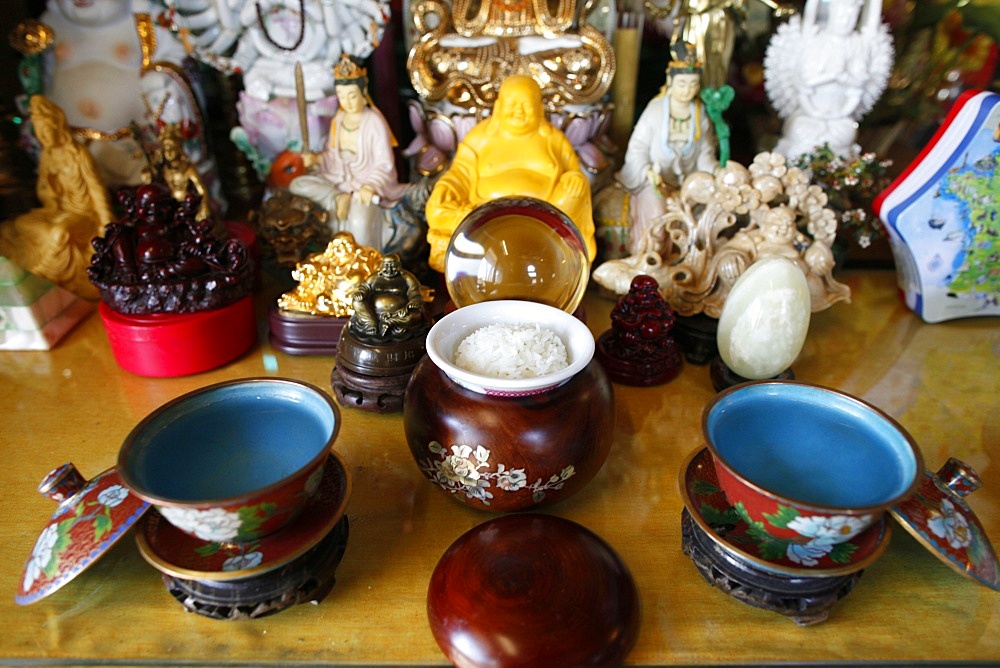 Cups containing holy water, Buddhist altar, Tu An Buddhist temple, Saint-Pierre-en-Faucigny, Haute Savoie, France, Europe