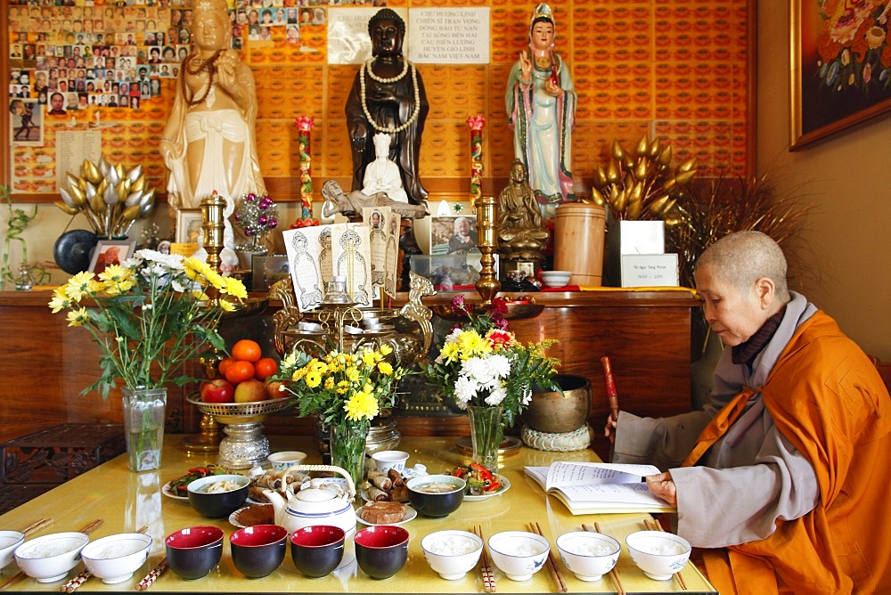 Buddhist ceremony at Ancestors' altar, Tu An Buddhist temple, Saint-Pierre-en-Faucigny, Haute Savoie, France, Europe