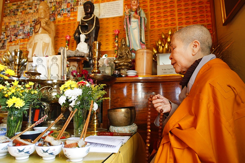 Buddhist ceremony at Ancestors' altar, Tu An Buddhist temple, Saint-Pierre-en-Faucigny, Haute Savoie, France, Europe