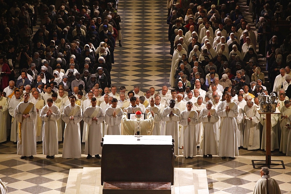 Easter week celebration (Chrism mass) in Notre Dame Cathedral, Paris, France, Europe