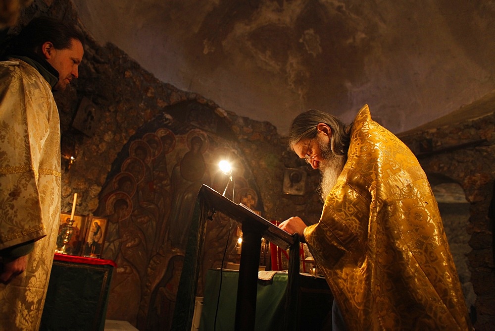 Deacon and priest, Russian Orthodox church celebration, Le Mesnil St. Denis, Yvelines, France, Europe