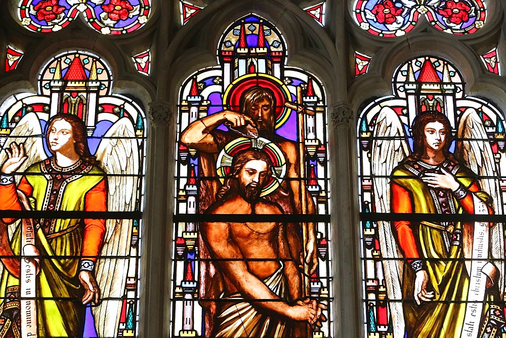 Stained glass window depicting the Baptism of Jesus by John the Baptist, St. Germain l'Auxerrois church, Paris, France, Europe