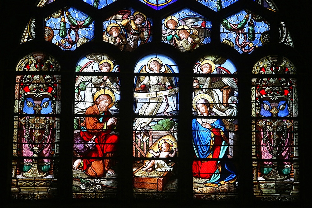 Stained glass window depicting the Nativity, St. Eustache church, Paris, France, Europe