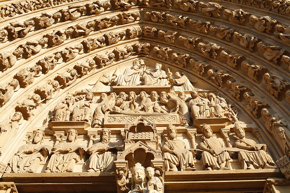 Virgin's Gate tympanum, Western facade, Notre Dame Cathedral, Paris, France, Europe