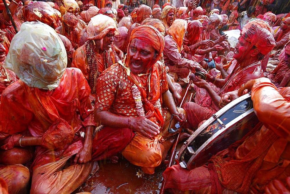 Barsana villagers celebrating Holi in Nandgaon, Uttar Pradesh, India, Asia