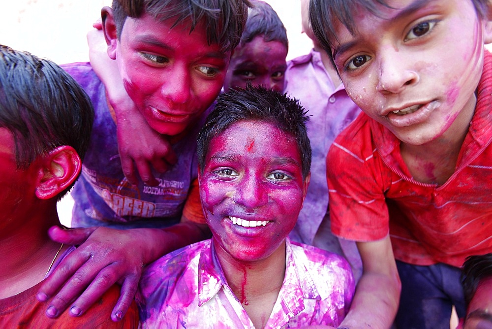 Children at Holi celebration in Goverdan, Uttar Pradesh, India, Asia