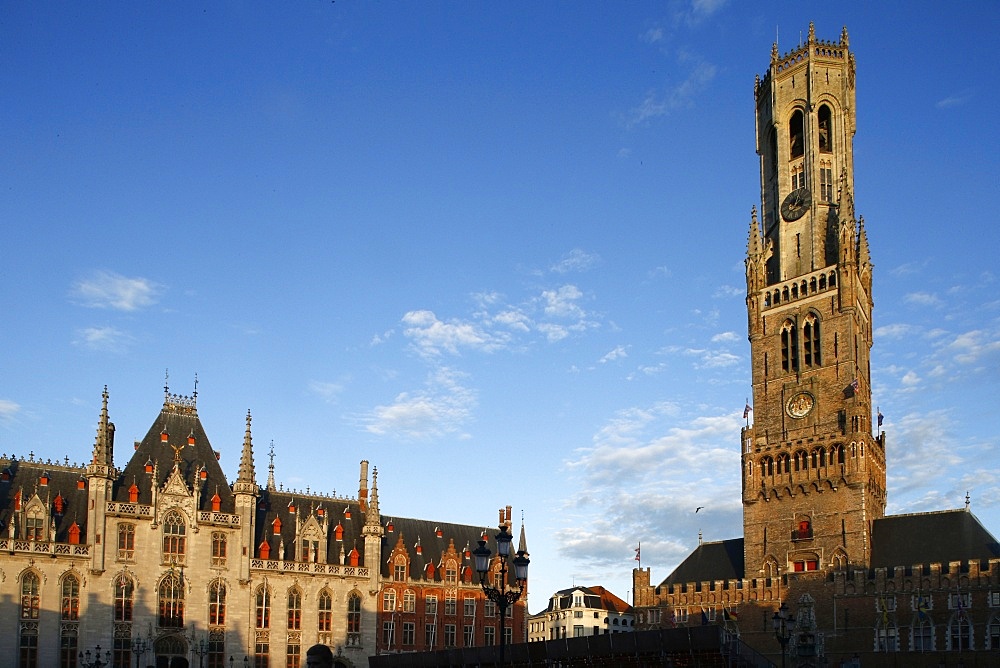 Belfry tower in market square, Bruges, West Flanders, Belgium, Europe