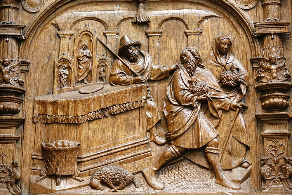 Depiction of travelling scenes in the stalls of the Goillon's Chapel dating from the beginning of the 16th century, Basilica of St. Denis, Seine-St. Denis, Paris, France, Europe