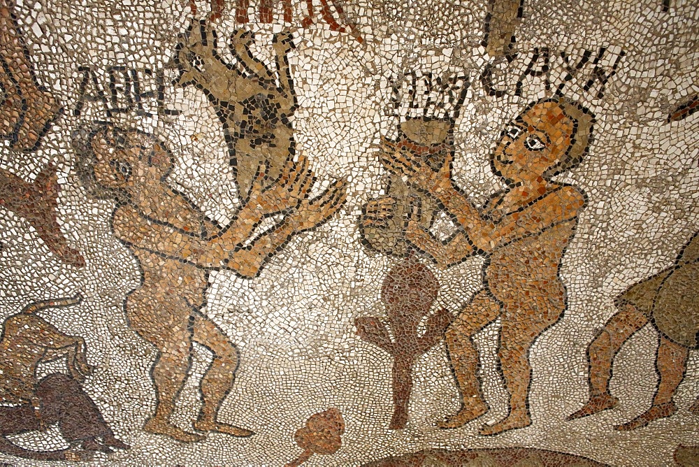 Mosaic of Abel and Cain offering presents to God on the floor of the central nave, Otranto duomo (cathedral), Otranto, Lecce, Apulia, Italy, Europe