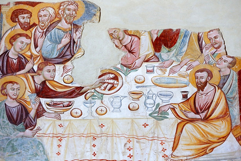 Fresco by Rinaldo da Taranto of the Last Supper in Santa Maria del Casale church , Brindisi, Apulia, Italy, Europe