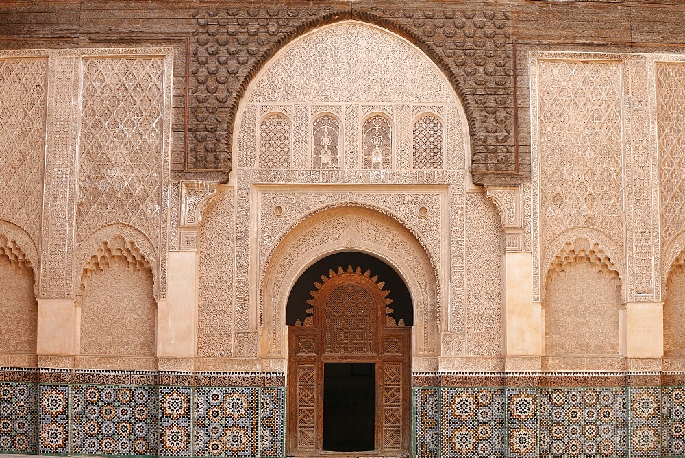 The inner courtyard of the Ben Youssef Medersa, the largest Medersa in Morocco, originally a religious school founded under Abou el Hassan. UNESCO World Heritage Site, Marrakech, Morocco, North Africa, Africa