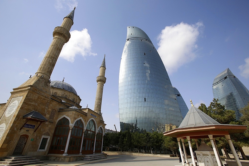 Shehidler mosque and the Flame Towers, Baku, Azerbaijan, Central Asia, Asia