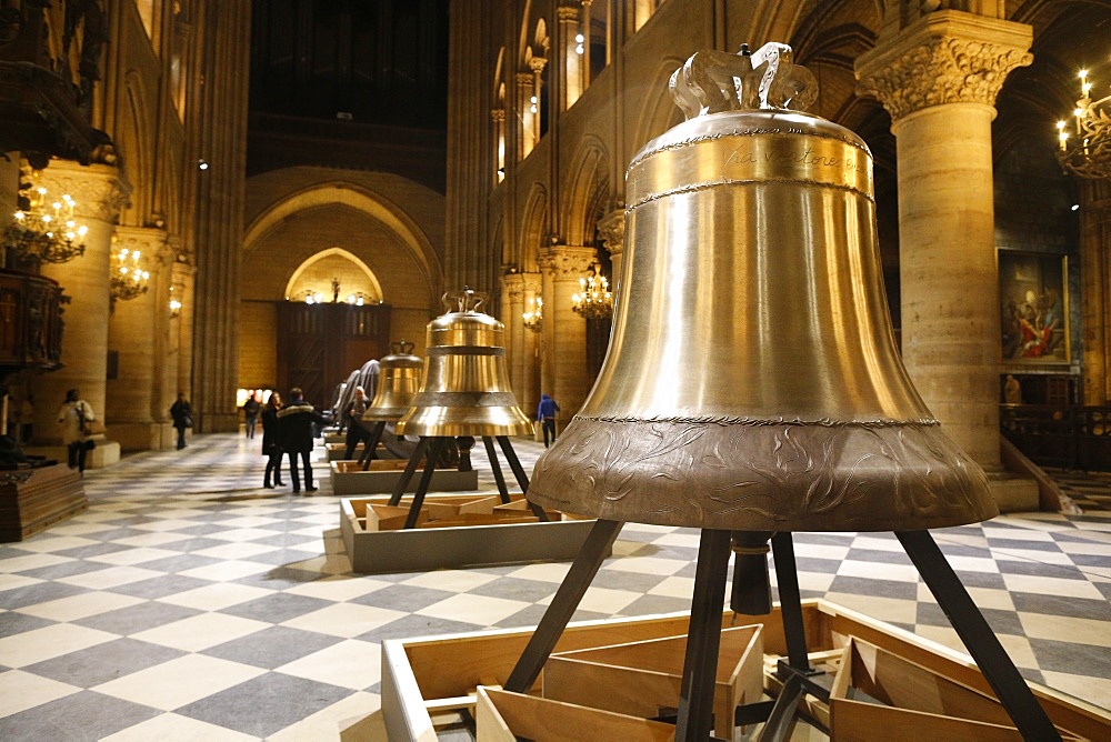 Exhibition of the new bells in the nave, on the 850th anniversary, Notre-Dame de Paris, Paris, France, Europe