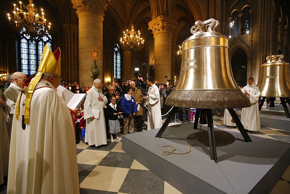 The new bronze bells are displayed in the nave during a ceremony of blessing by Paris Archbishop Andre Vingt-Trois, on the 850th anniversary, Notre Dame, Paris, France, Europe