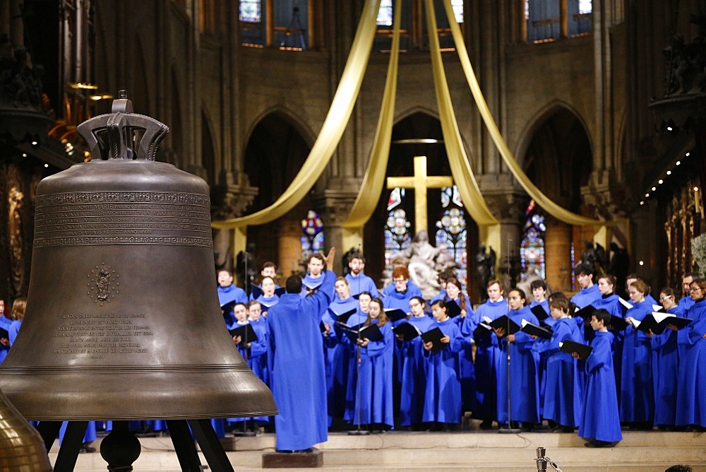 The new bronze bells are displayed in the nave during a ceremony of blessing on the 850th anniversary, Notre Dame de Paris, Paris, France, Europe