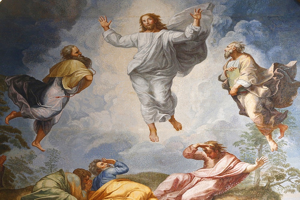 Raphael's oil painting of the Resurrection of Jesus, the altarpiece of the Altar of the Transfiguration, St. Peter's Basilica, Vatican, Rome, Lazio, Italy, Europe