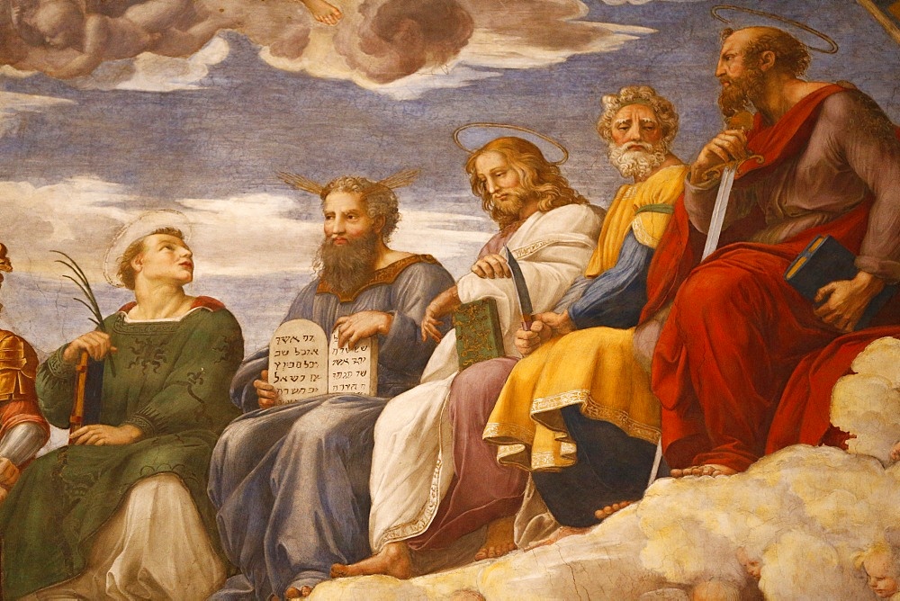 Detail of painting of the Disputation over the Most Holy Sacrament, 1509-1510. Raphael, Room of the Segnatura, Vatican Museum, Vatican, Rome, Lazio, Italy, Europe