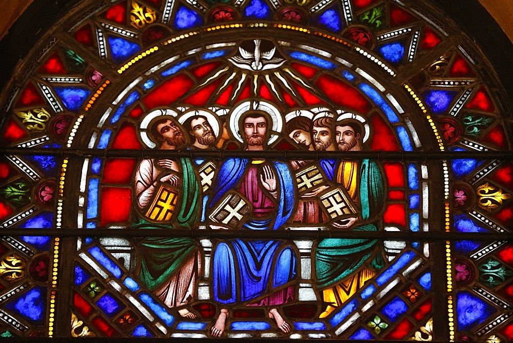 Stained glass window of Jesus and the 12 Apostles, St. Barth's Church, New York, United States of America, North America