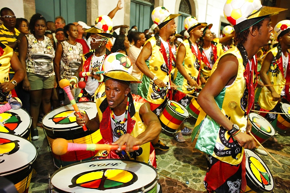 Drum band Olodum performing in Pelourinho during carnival, Bahia, Brazil, South America