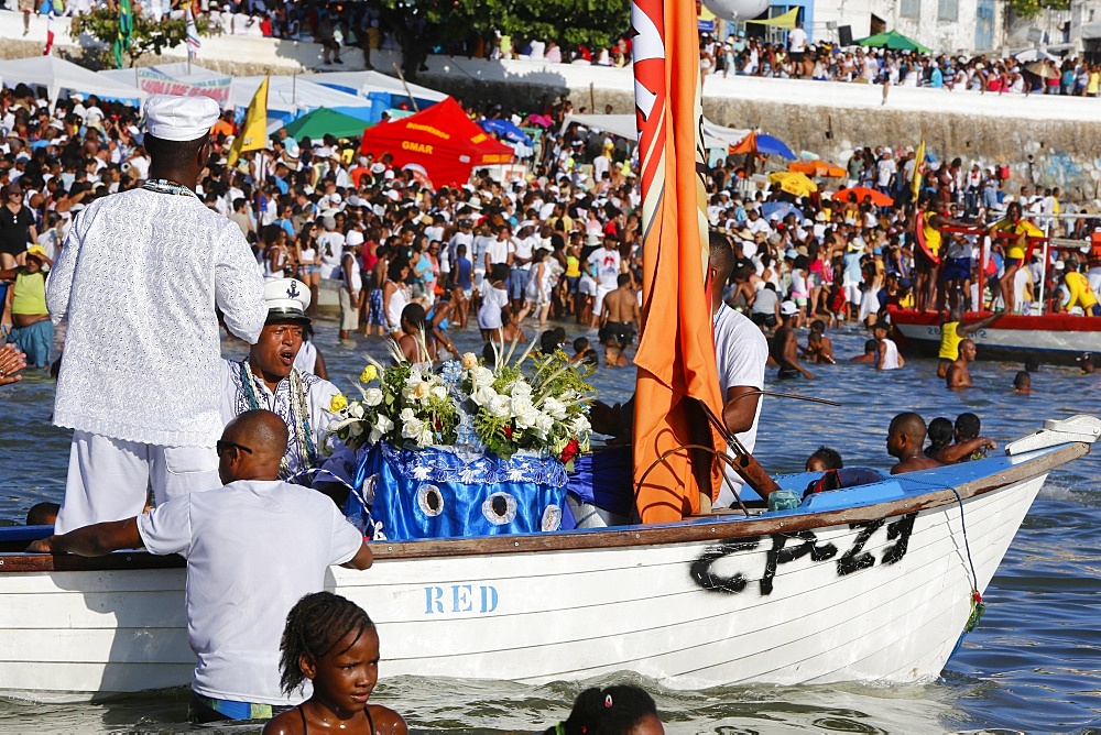 Flower offerings taken to Lemanja, Lemanja festival in Rio Vermelho, Salvador, Bahia, Brazil, South America