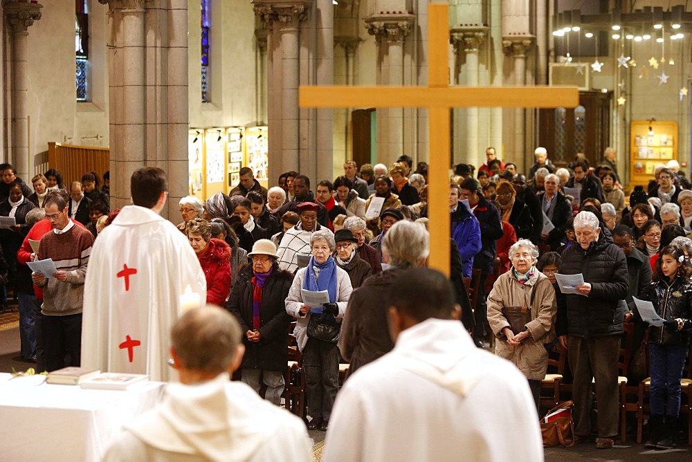 Mass in Saint-Hippolyte's church, Paris, France, Europe