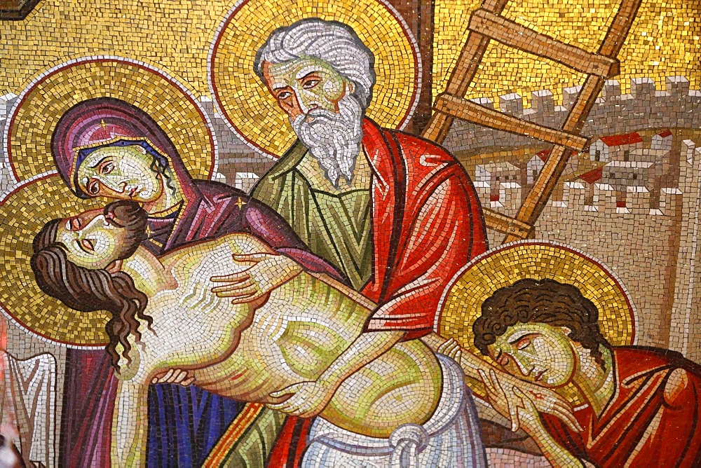 Detail of mosaic of the Burial of Jesus Christ showing Jesus taken down from the cross, Holy Sepulchre Church, Jerusalem, Israel, Middle East