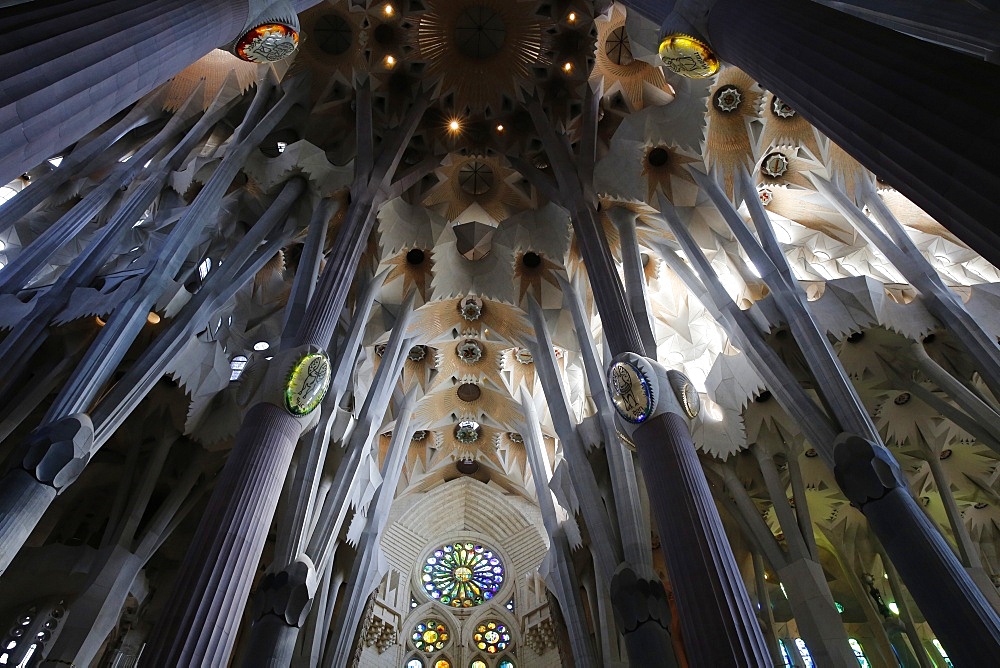 Pillars and ceiling, Sagrada Familia Basilica, Barcelona, Catalonia, Spain, Europe