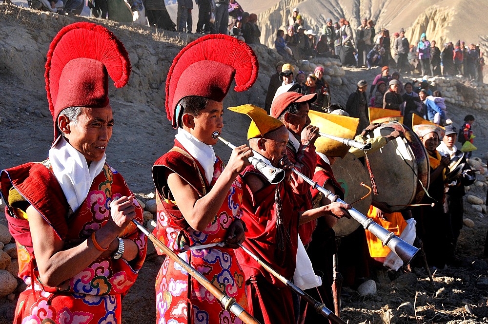 Ghami monastery monks blessing a field, Mustang, Nepal, Asia