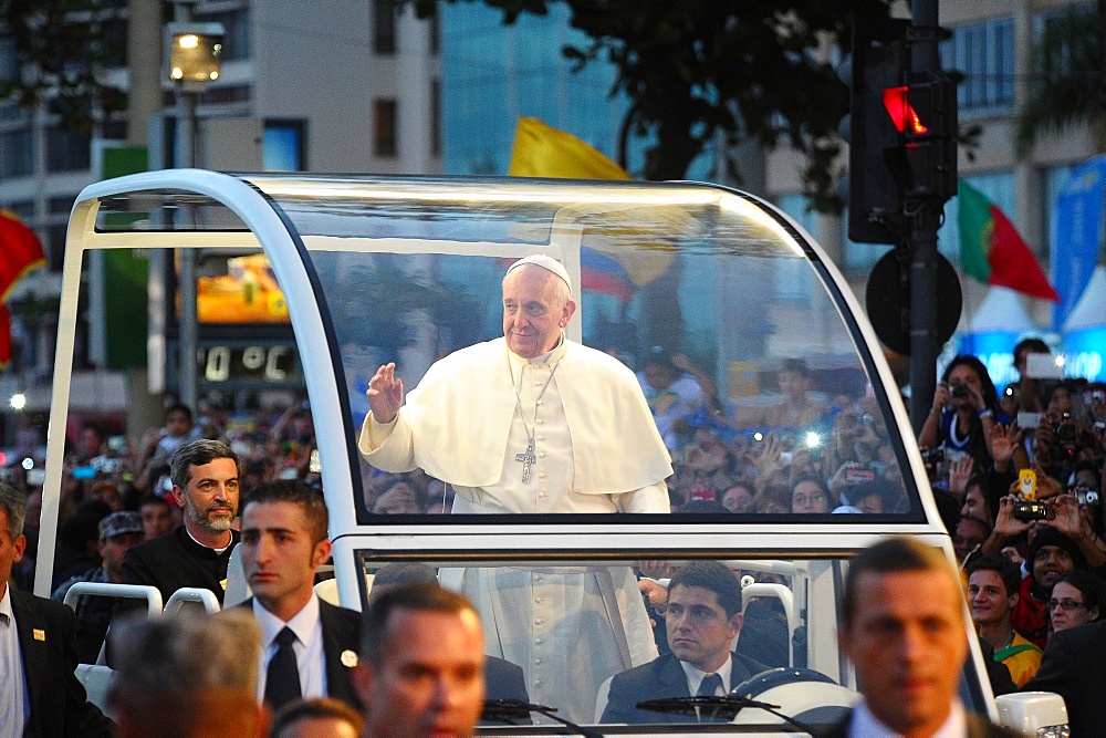 Pope Francis waves to the crowd while riding in the Popemobile, World Youth Day 2013, Rio de Janeiro, Brazil, South America