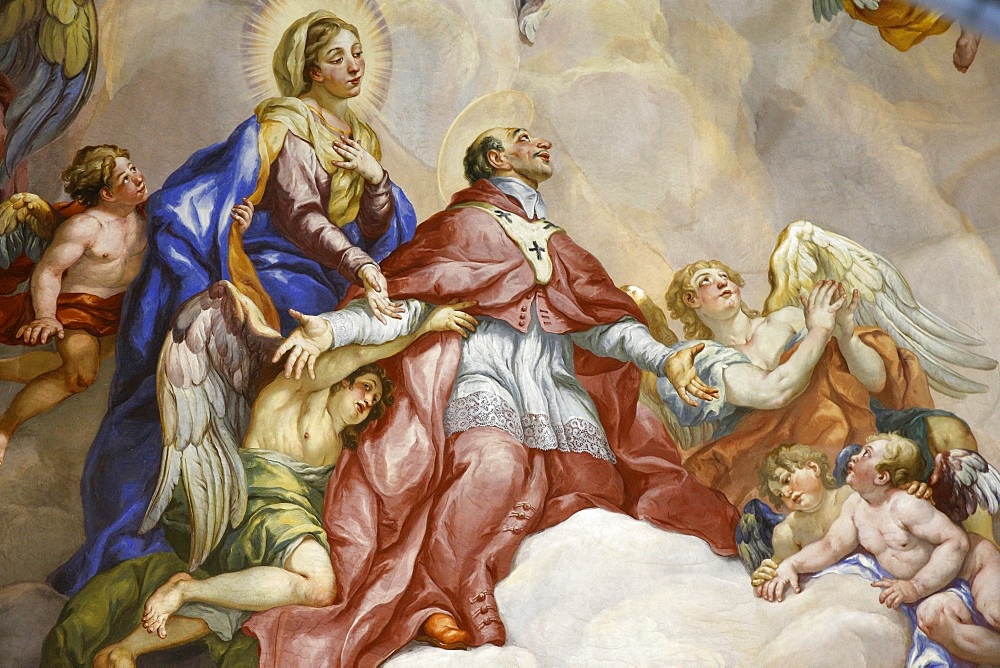 Dome fresco by Johann Michael Rottmayr depicting the Intercession of Charles Borromeo supported by the Virgin Mary, Karlskirche (St. Charles's Church), Vienna, Austria, Europe