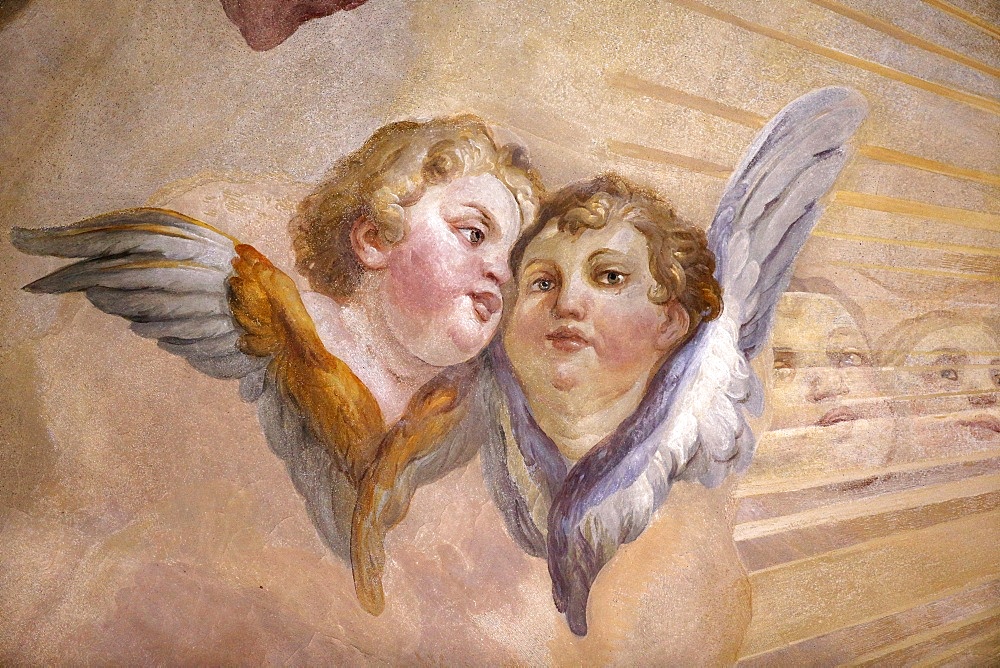 Angels in dome fresco by Johann Michael Rottmayr, Karlskirche (St. Charles's Church), Vienna, Austria, Europe