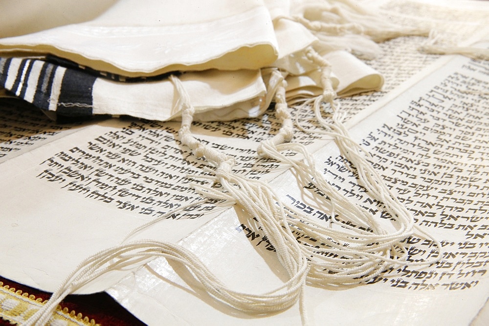 Torah scroll and Tallit, Jewish prayer shawl, Paris, France, Europe