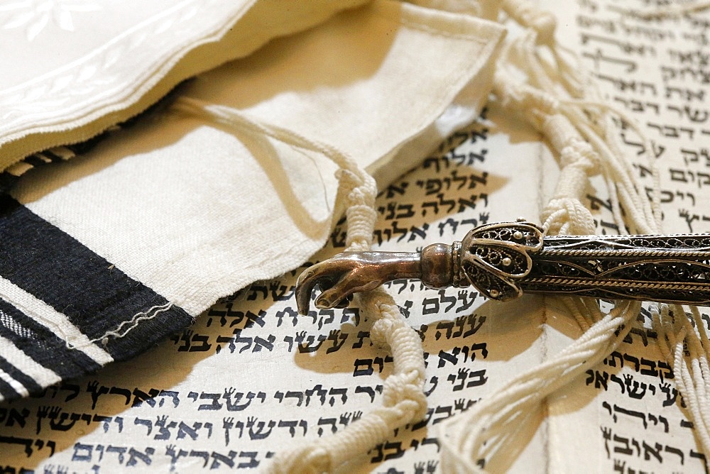 Torah scroll, Yad, Torah pointer and Tallit, Jewish prayer shawl, Paris, France, Europe