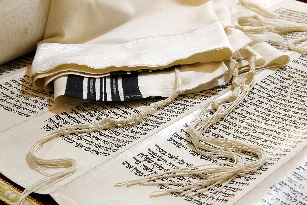 Torah scroll, Tallit, Jewish prayer shawl and Tziitzit, knotted ritual fringes, Paris, France, Europe