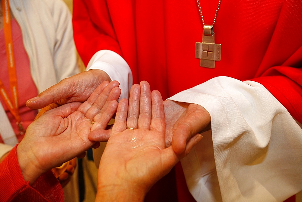 Bishop anointing a sick person, Lourdes, Hautes Pyrenees, France, Europe