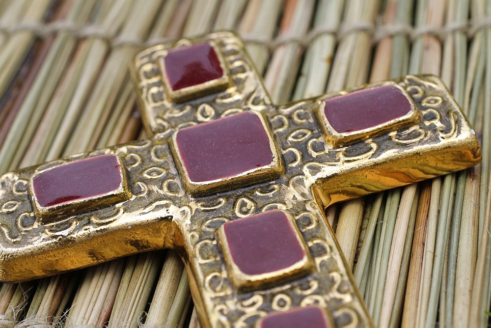 Crucifix inlaid with red stones, St. Gervais-les-Bains, Haute-Savoie, France, Europe