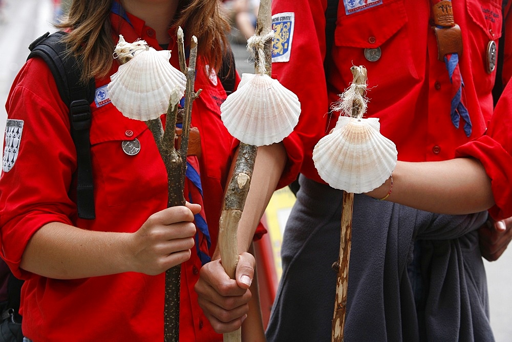 Scouts with Santiago pilgrimage scallop shells, Lourdes, Hautes Pyrenees, France, Europe