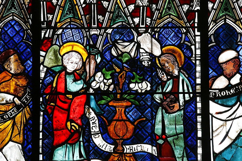 Stained glass window dating from the 14th century depicting the Announcement made to Mary, Our Lady of Strasbourg Cathedral, Strasbourg, Bas-Rhin, Alsace, France, Europe