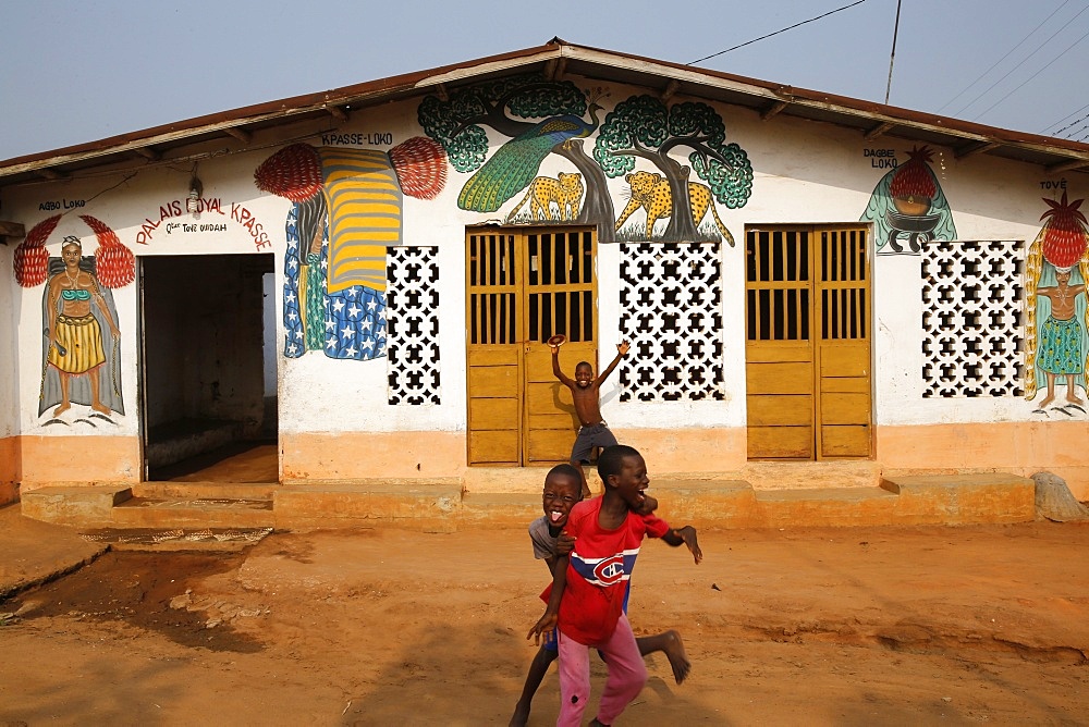 Boys playing outside a Voodoo temple in Ouidah, Benin, West Africa, Africa