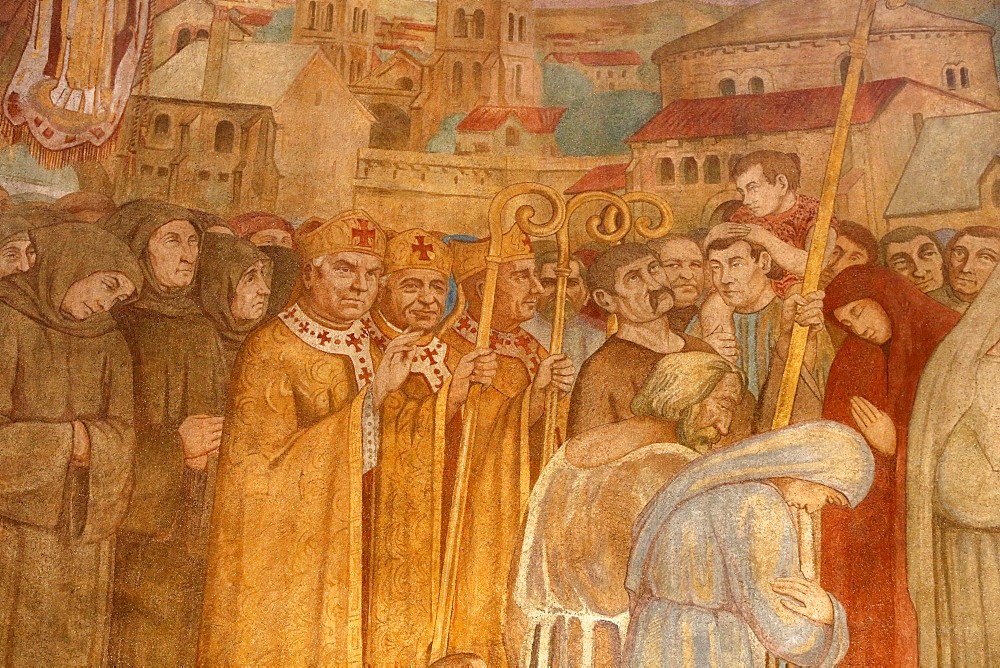 Fresco painted by Paul Lemasson in 1927, of Sainte Genevieve's reliquary carried in procession with Bishops Saint Loup de Troyes and Saint Germain d'Auxerre, Sainte Genevieve's Cathedral, Nanterre, Hauts-de-Seine, France, Europe