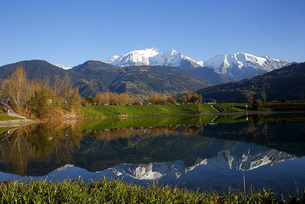 Passy Lake and the Mont Blanc massif, French Alps, Haute-Savoie, France, Europe