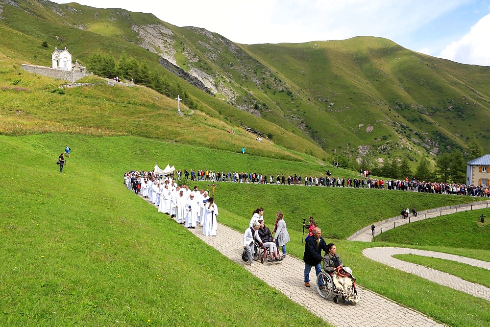 Blessed Sacrament procession, Holy Mass on the solemnity of the Assumption of the blessed Virgin Mary, Shrine of Our Lady of La Salette, La Salette-Fallavaux, Isere, France, Europe