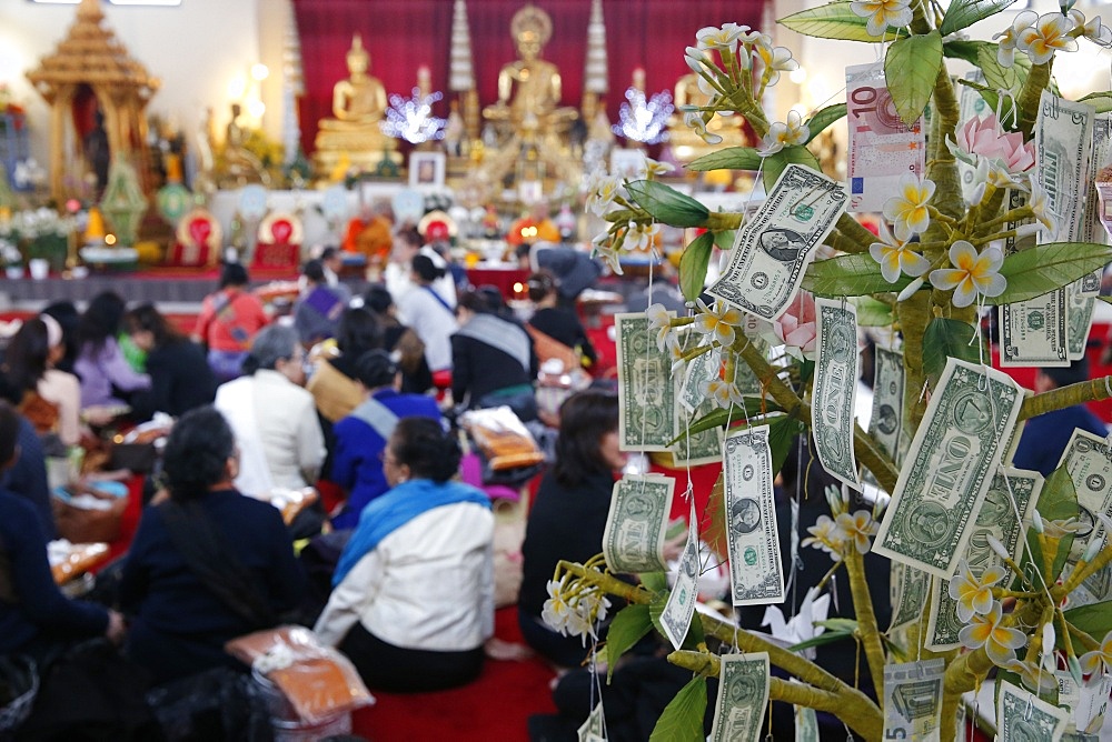 Buddhist money tree to make merit and donate to local temple, Wat Velouvanaram, Bussy Saint Georges, Seine et Marne, France, Europe